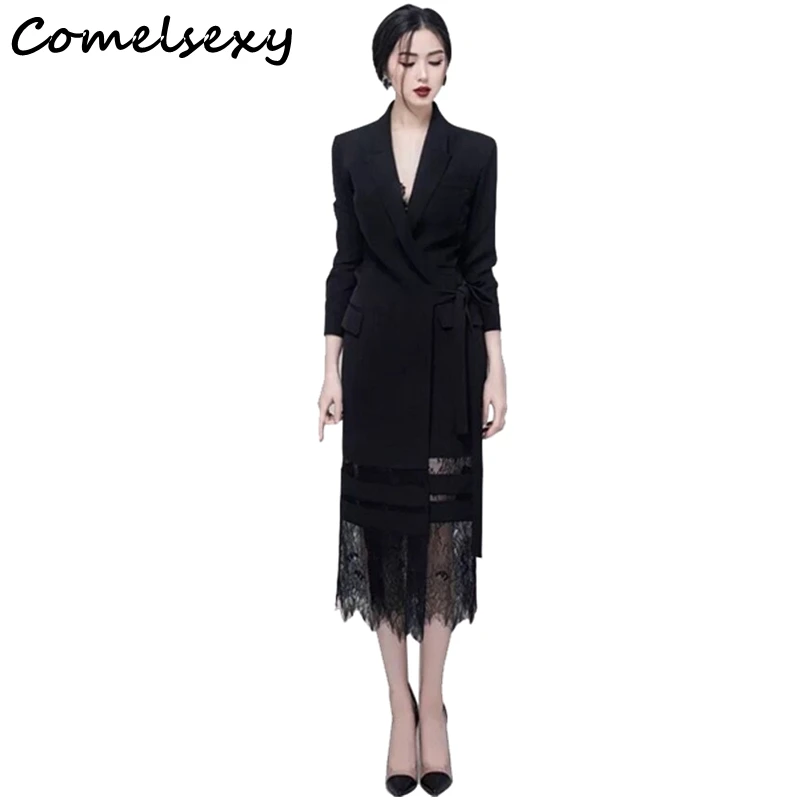 

Spring High Quality Lace Up Blazer Patchwork Lace Dress Women Fashion Long Sleeve Hollow Out Empire Mid Dresses