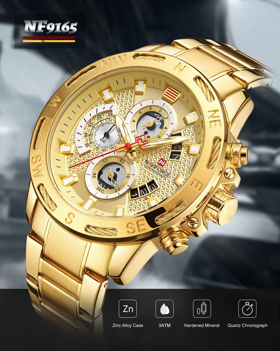 Оригинальные мужские спортивные часы NAVIFORCE от роскошного бренда, золотые, полностью стальные, водонепроницаемые, военные кварцевые наручные часы, мужские часы