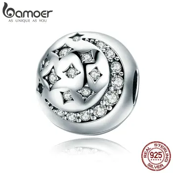 

BAMOER High Quality 925 Sterling Silver Moon & Star Stopper Clip Sparkling CZ Beads fit Charm Bracelet DIY Jewelry SCC813