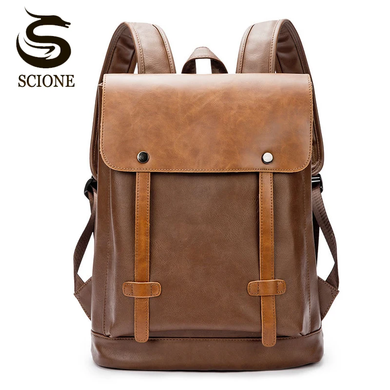 Vintage Style Men PU Leather Backpack Mens Waterproof Backpack Male