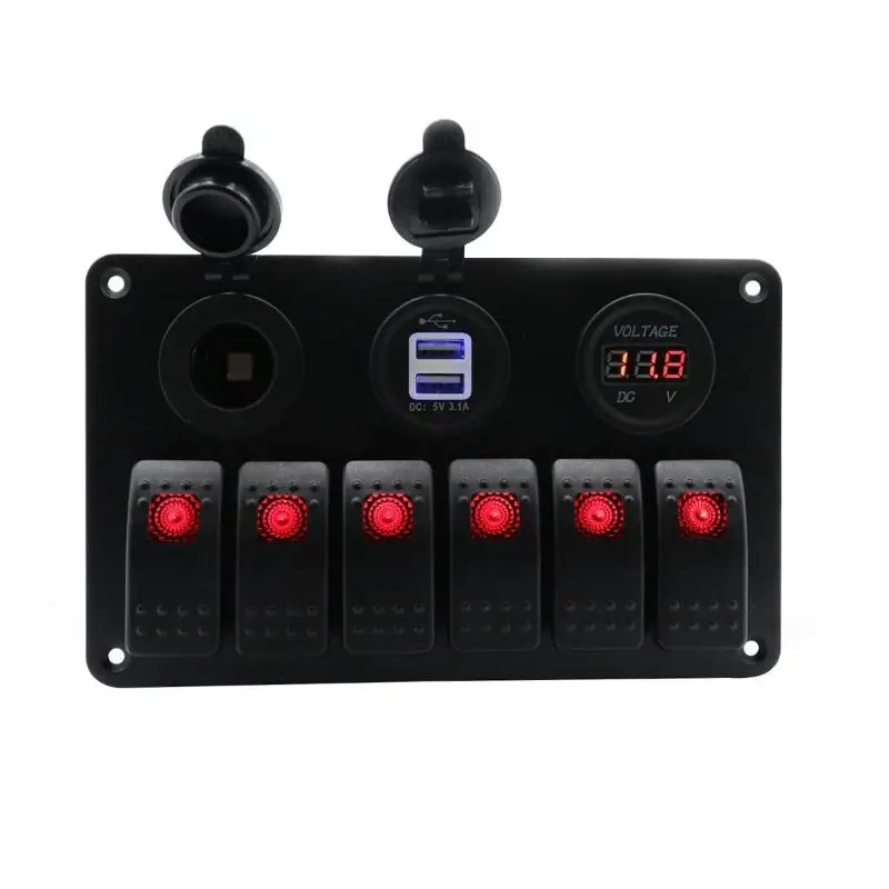 

6 Gang Car Marine Boat LED Switch Panel Waterproof Rocker Switch Control with Digital Voltmeter Dual USB Charger
