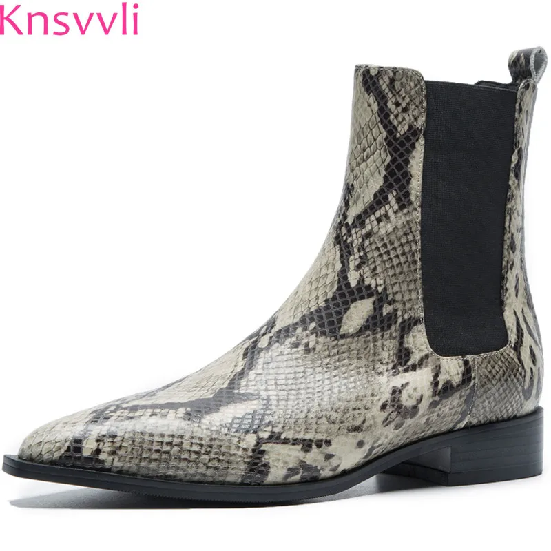

Knsvvli 2018 Cowhide Pointy Toe Woman Short Boots New Winter Elastic Band Slip On Chelsea Boots Mulheres Flat Heel Snake boots