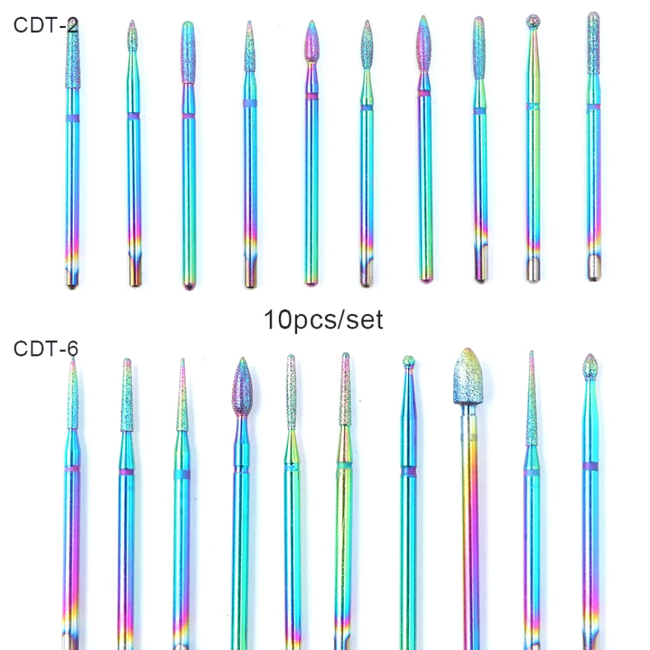 10 шт. сверла для ногтей алмазные твердосплавные фрезы с радужным покрытием Электрический Маникюрный станок набор сверл с Чехол LA1512