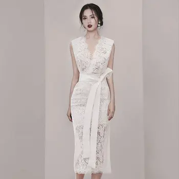 

Summer 2019 Dress Sexy Fashion Backless Lace V Neck Sashes Women Bandage Sleeveless Night Club Body con Party Dresses Wholesale