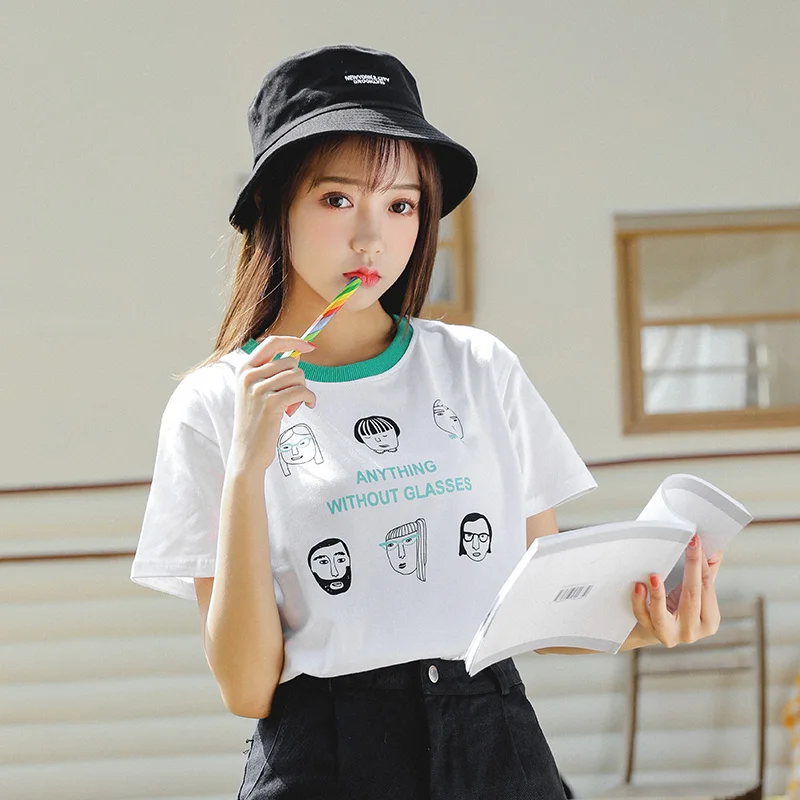 

Harajuku Kawaii Character Graphic Tees Shirt Wome Summer 100% Cotton Sweet Short Sleeve T Shirt Schoolgirl Lolita Style Clothes