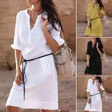 S-XL женское повседневное мини-платье с коротким рукавом и v-образным вырезом, с поясом, свободные карманы, офисные платья Vestidos#30