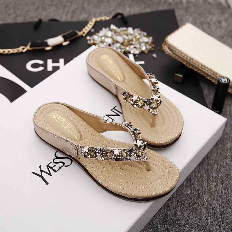 Stars Decorationn Flip Flops Slippers font b Women b font Flat Shoes Fashion Sequined Beach font