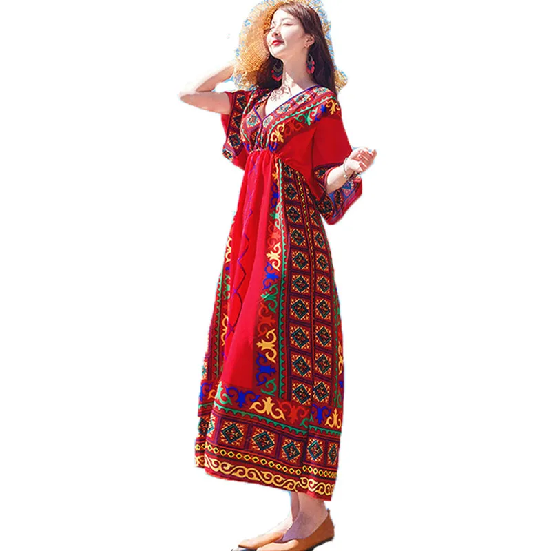 

Thailand style New Women Floral Print long dresses V Neck Sexy Beach Boho Maxi Dress Sexy Soft Elegant loose Dress