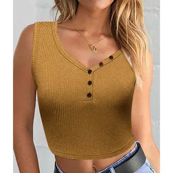 

2019 Women Casual Tank Tops V Neck Button Design Crop Top Summer Knit Slim Sleeveless Vest Lady Boho Short Top Daily Plus Size