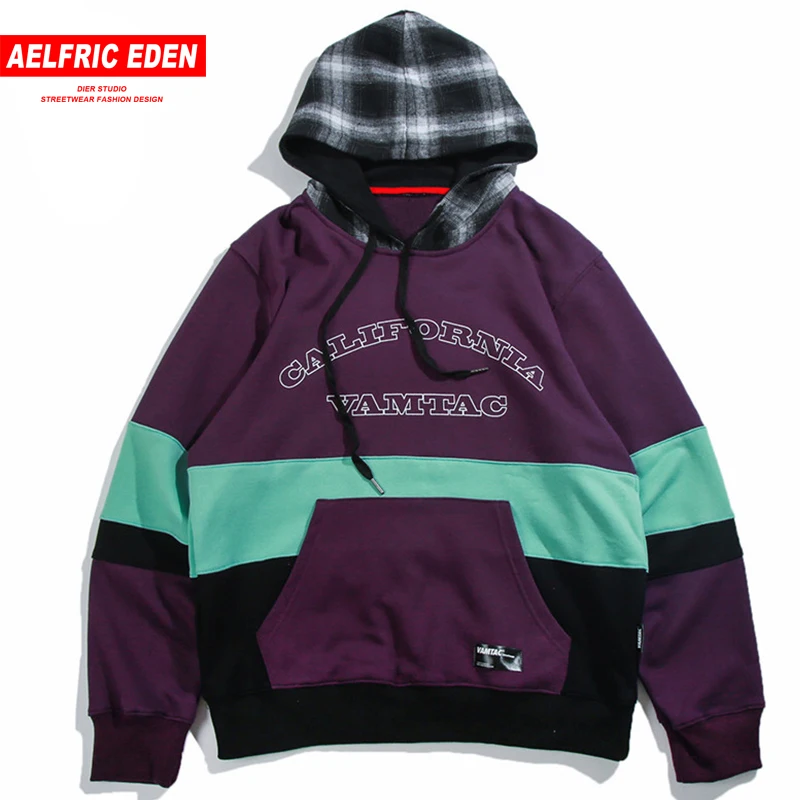 

Aelfric Eden Autumn 2018 Men Street Wear Hoodies Sweatshirts 3 Colors Patchwork Pullover Plaid Cap Hooded Hip Hop Hoodie Mt19