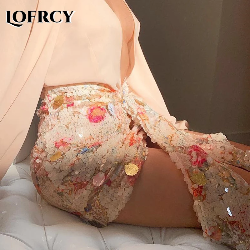 

Mini Skirt With Shell Sequin Embellishmen Floral Glitter Shell Bodycon Short Skirts Womens Sexy club Wrap Mini Skirt for Lady