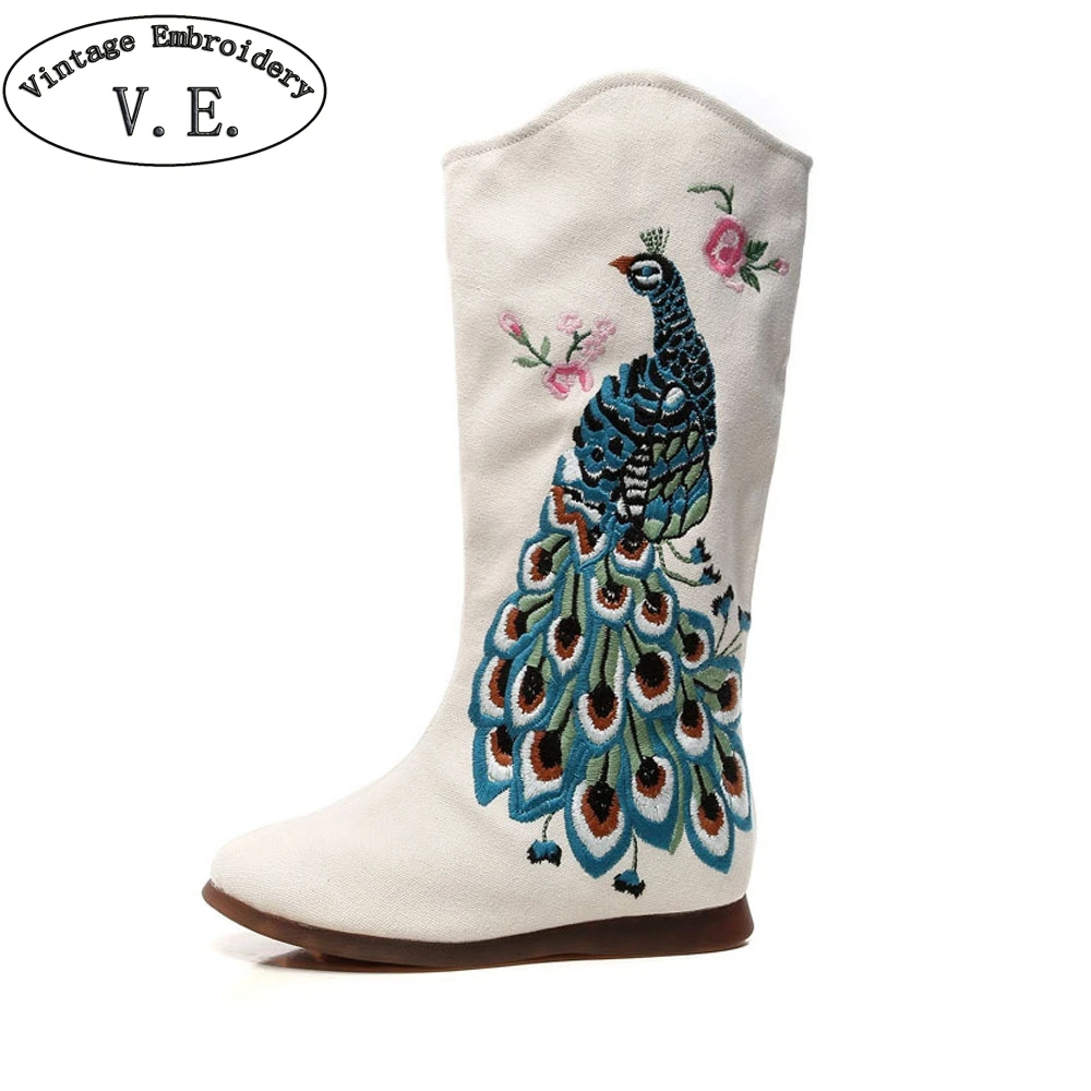 

Vintage Embroidery Botas Femininas De Inverno Chinese Ethnic Peacock Embroidered Platform Boots Woman Mid-calf Denim Boot Shoes