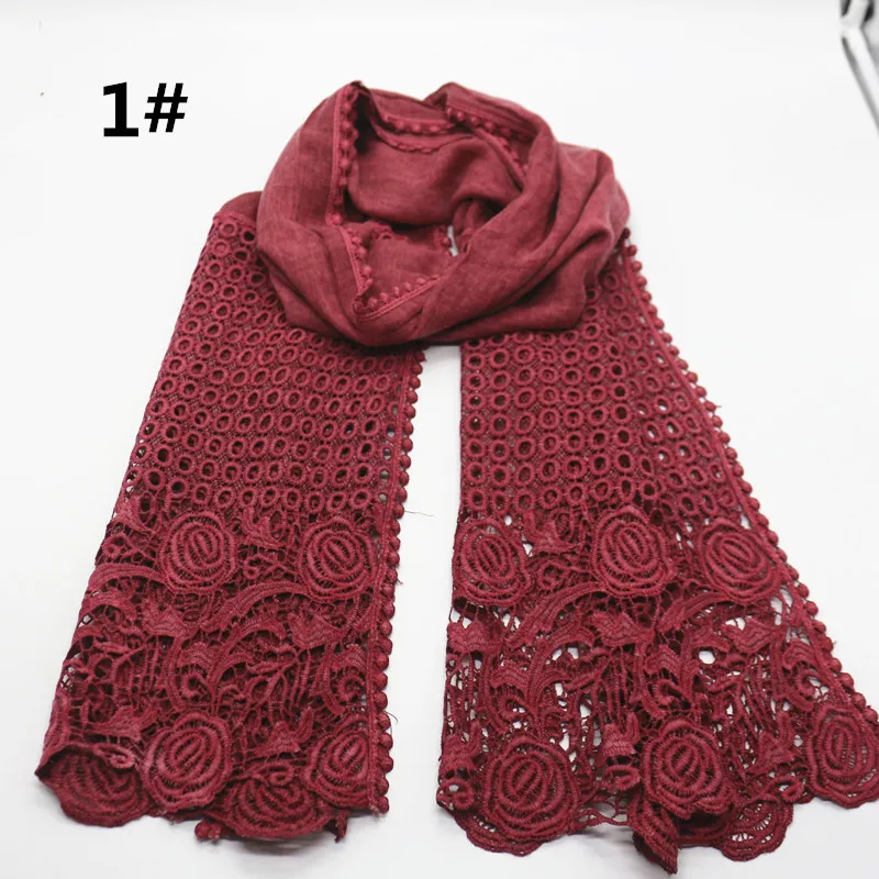 

Luxurious fashion viscose solid plain rose flower lace elegant women scarf shawls muslim hijab wraps bandana pashmina 10pcs