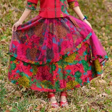 Винтажная богемная Праздничная Асимметричная многослойная сетчатая длинная юбка макси, женские красные юбки, хлопковые льняные falda larga jupe longue
