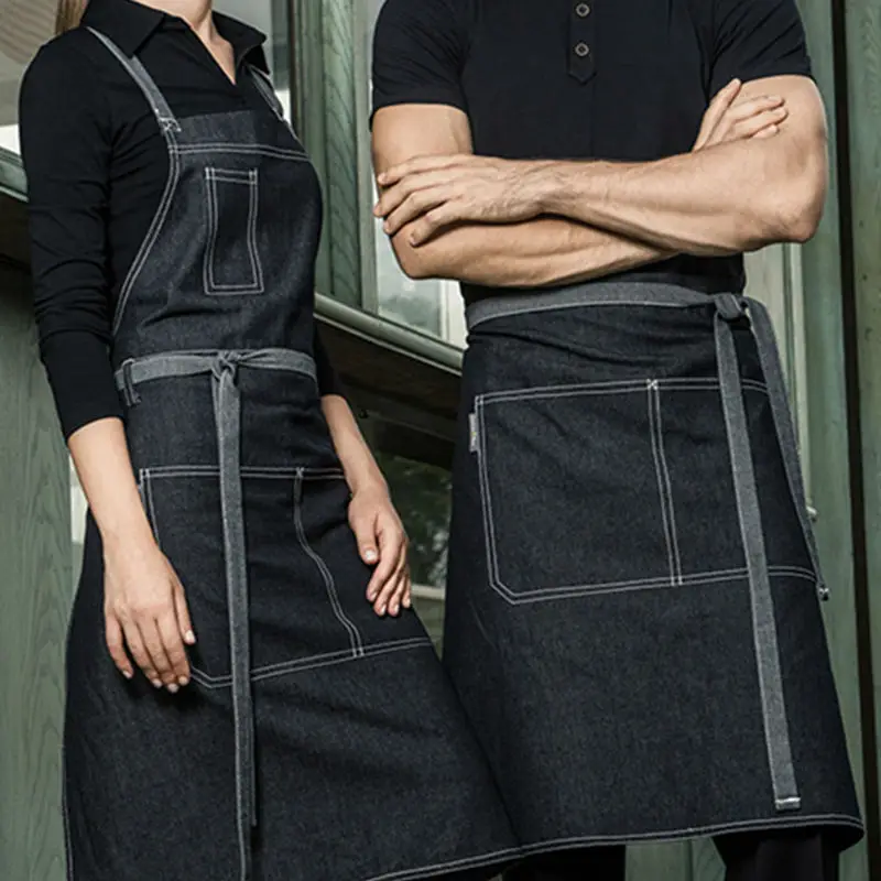 

Half Full Length Gray Denim Apron Barista Florist Bartender Chef Work Wear Baker Waiter Waitress Cafe Diner Hotel Uniform B52