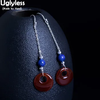 

Uglyless 100% Real 925 Sterling Silver Summer Fashion Dress Long Earrings for Women Agate Button Earrings Lapis Fine Jewelry