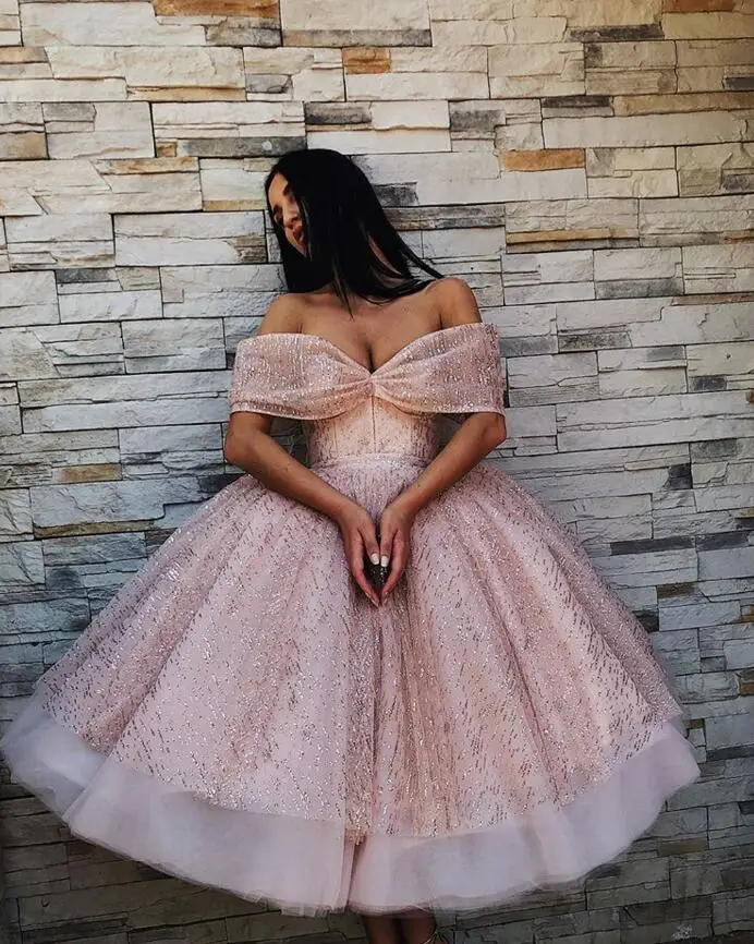 Off-The-Shoulder Sequins Short Chic Puffy Pink Short-Sleeves Prom Dresses (2)