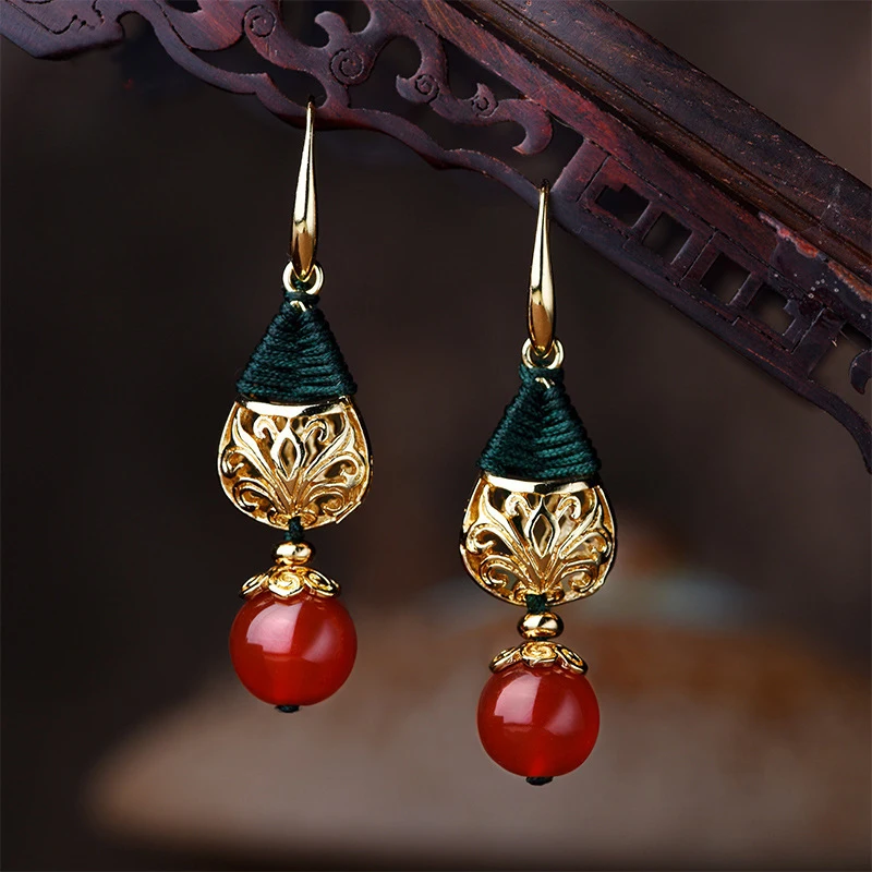 

New Red stone dangle earrings women , gold Water drop vintage earrings ,Original nature stone Ethnic earrings jewelry