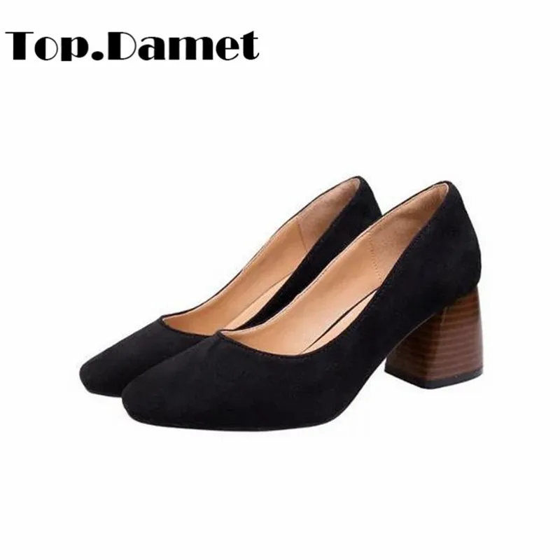 Top. Damet/женские туфли-лодочки Модные слипоны из флока на высоком квадратном