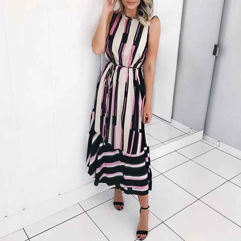 

Striped print summer dress 2019 Tie waist casual beach dresses Bohemian long dress Women Elegant striped vestidos mujer