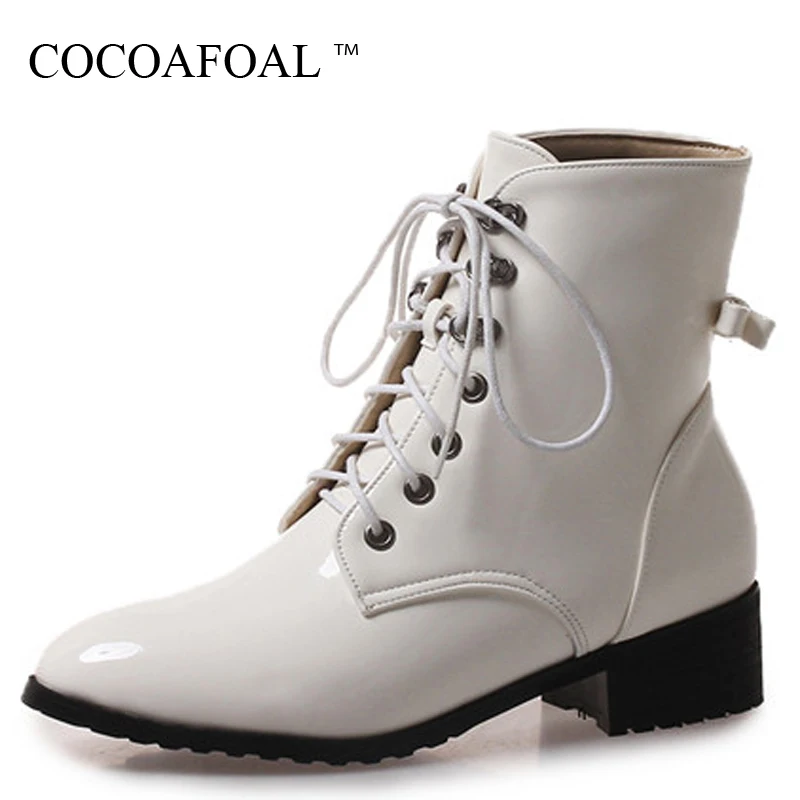 

COCOAFOAL Women's Winter Ankle Boots Winter Lace Up Chelsea Boots Woman Martin Boots Black Red White Patent Leather Gothic Shoes