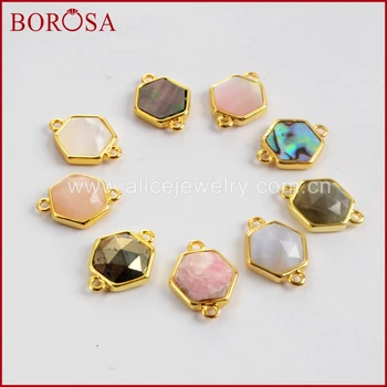 

BOROSA 10PCS 13x11mm Hexagon Multi-kind Faceted Stones Druzy Connectors Gold Bezel Natural Labradorite Connector Jewelry WX993