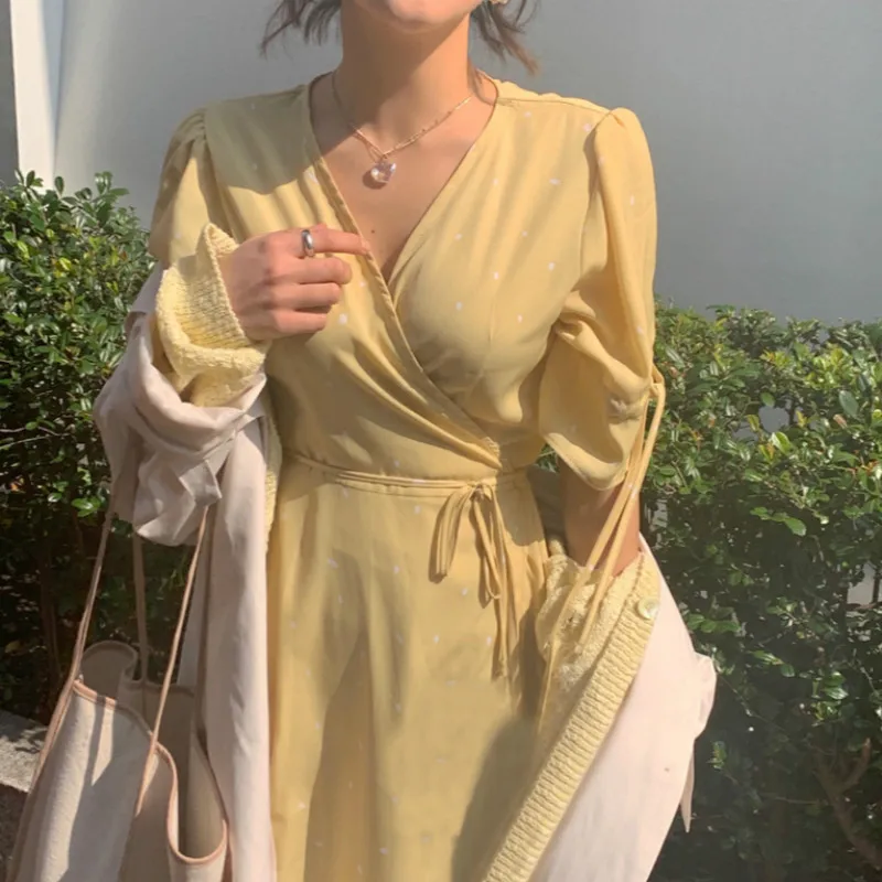 

Women Summer Sexy Long Yellow Bandage Dress A-line V-neck Ruffle Vestidos with Belt Plus Size Elegant Robe Femme Sukienki