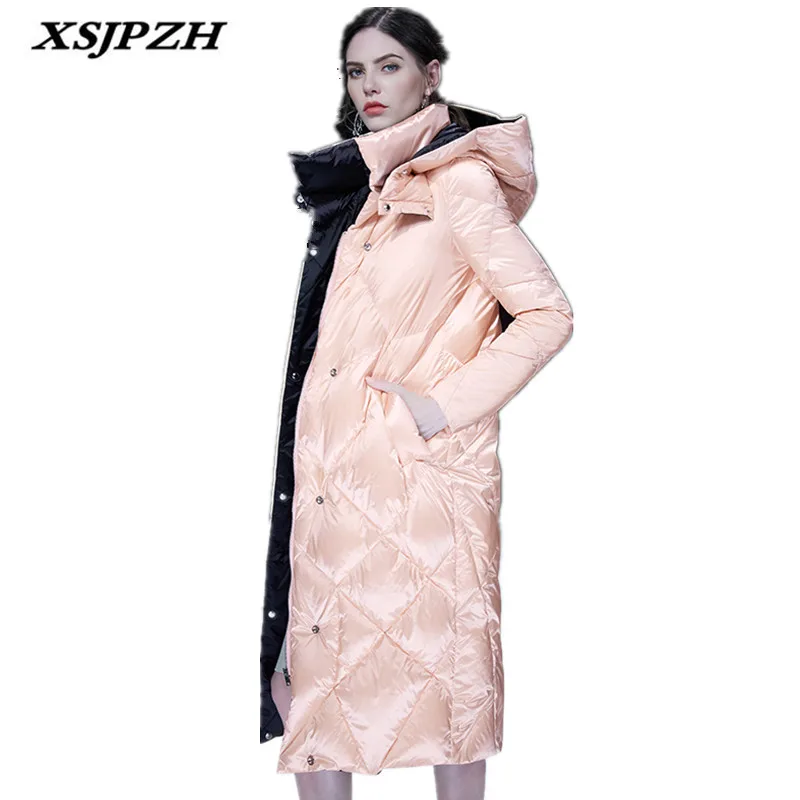 XSJPZH 2018 Новый женский зимний пуховик длинный абзац 100% белый утиный пух с капюшоном