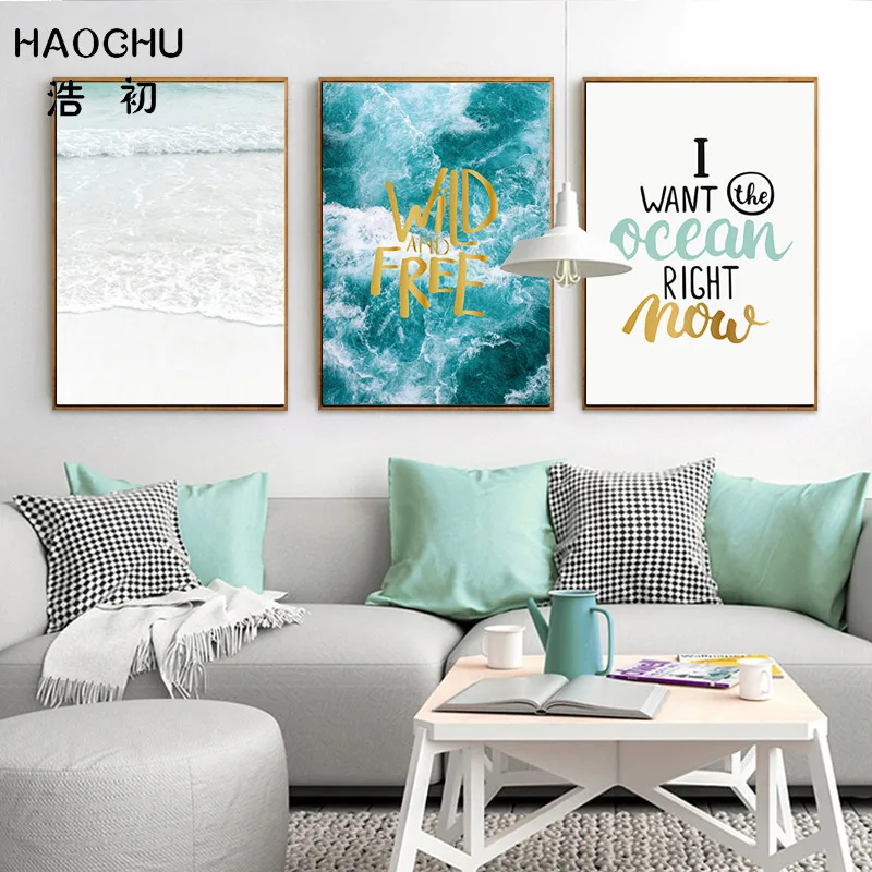 

HAOCHU Nordic seaside scenery beach surf canvas printing decoration picture wall art poster English alphabet home deco picture