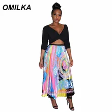 OMILKA контрастная Высокая талия плиссированная юбка летние юбки женские с эластичной талией до середины икры длинные юбки вечерние Saia Fenimias