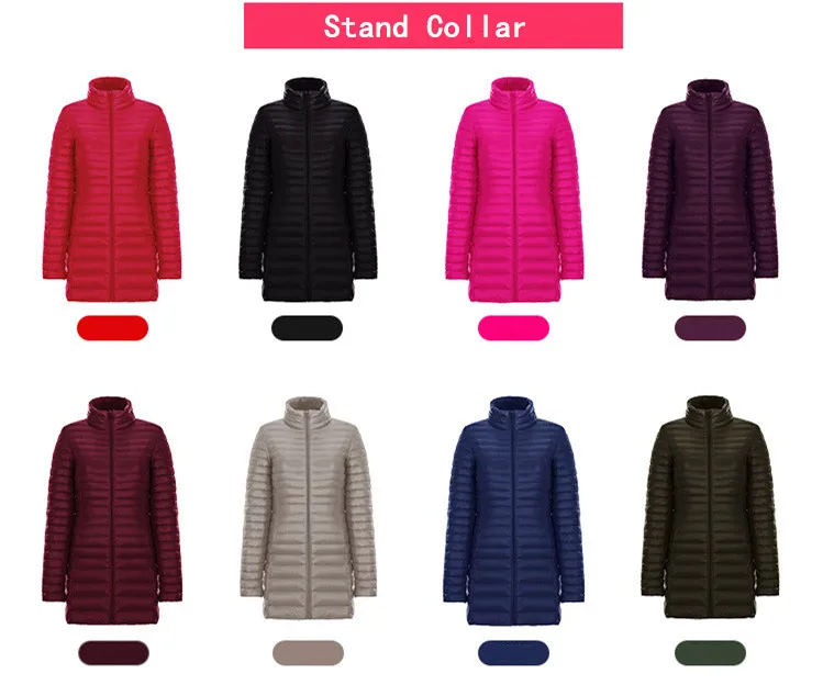 Женское зимнее тонкое пуховое пальто, повседневная однотонная тонкая куртка с воротником-стойкой, большие размеры, длинное пальто, новинка года, S M L XL XXL 3XL 4XL, 8 цветов
