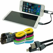 1M 2in1 Dual Micro USB + Lightning Data Cable 1 Meter Sync Flat Noodle Quick Charging Cables For Apple iPhone Android Samsung