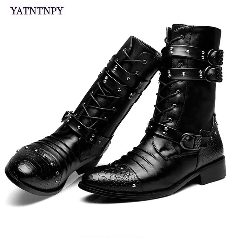 YATNTNPY/Новое поступление; Мужская обувь; Модные Ботинки martin с заклепками; черные кожаные ботинки в британском стиле; мужские зимние ботинки