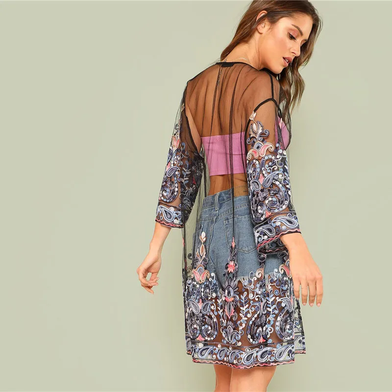 Summer Fashion Floral Embroidery Mesh Kimono Blouse Top Cardigan Blouses Beach Tops Female Women 3/4 Long Sleeve Blusa Femininas