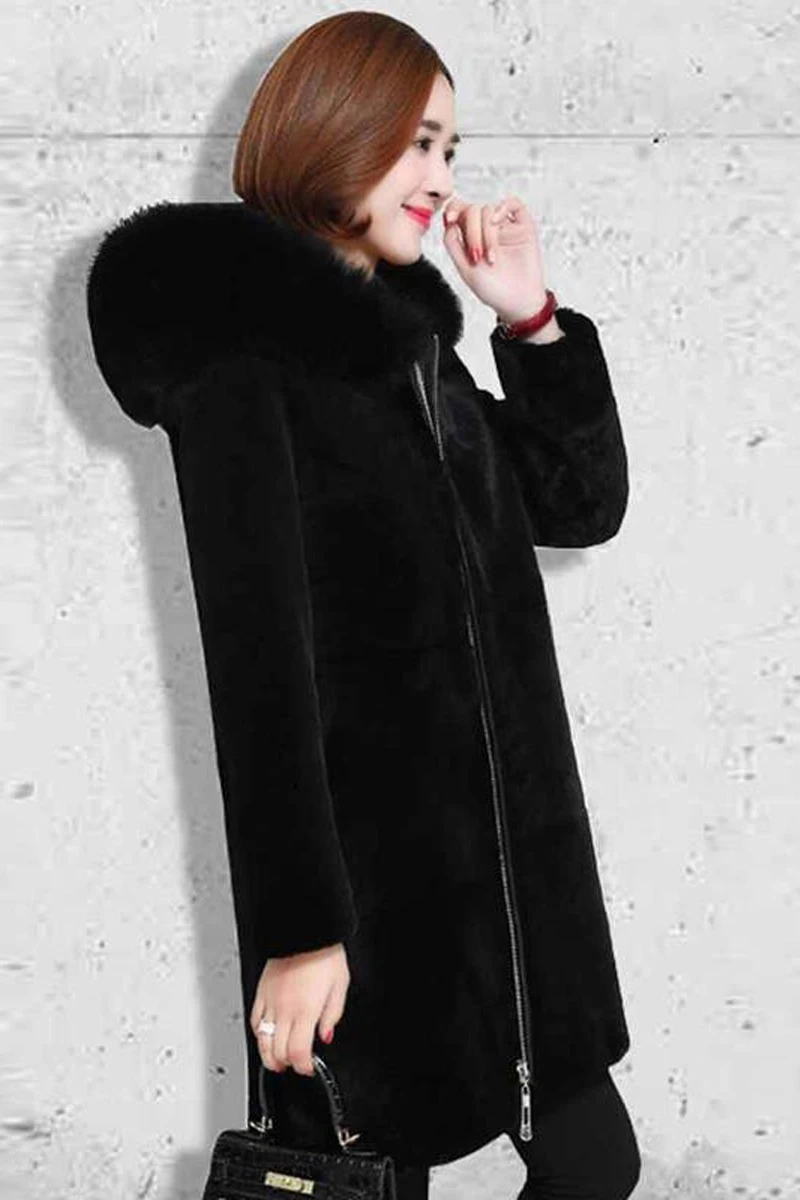 Women Clothes Hooded Large Fur Collar Faux Fur Sheep Shearing Coat Female Long Section Winter Thick Plush Coat Women Coat