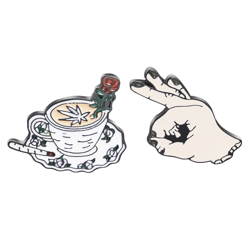 

Enamel Pins Set Coffee Cup Rose Flower Cup Pin Back Hand Button Coffee Jewelry Kawaii Brooch For Girls
