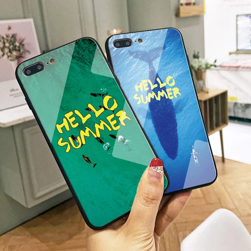 2018 New Fashion Blue Ray Laser Emerald Hello Summer Letters Back Soft TPU Phone Coque Cover Case for iPhone X 7 6 6S 8 Plus |