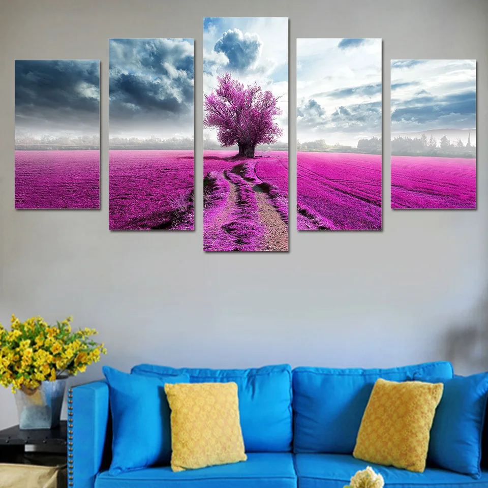 Artryst 5 Panel Canvas Wall Art Purple Tree Landscape Canvas Painting