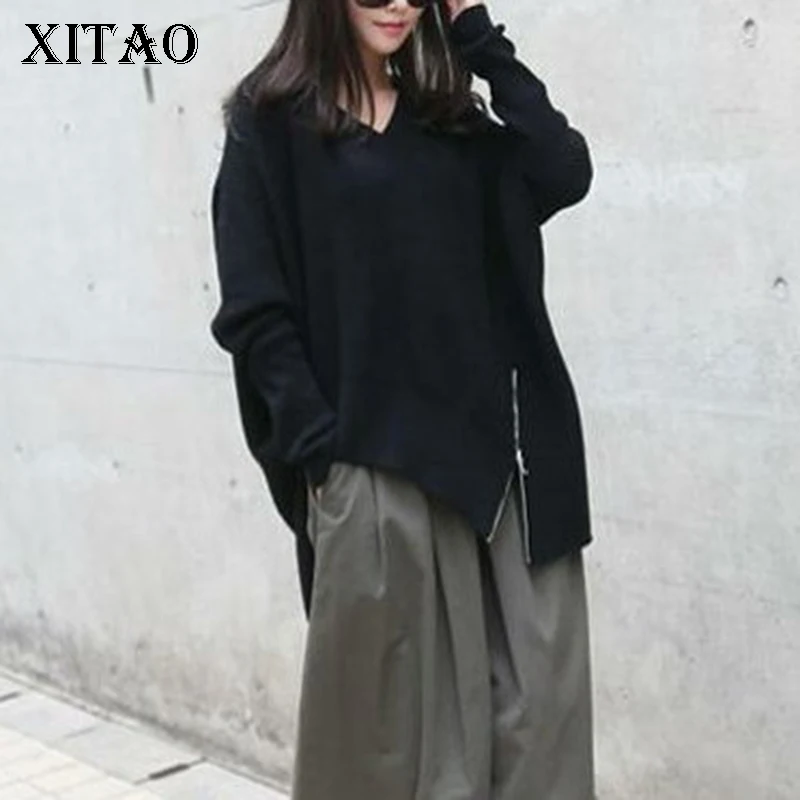 

XITAO Harajuku Plus Size Knit Sweater Casual V Neck Long Sleeve Irregular Patchwork Zipper Korean Fashion Autumn New CXB792