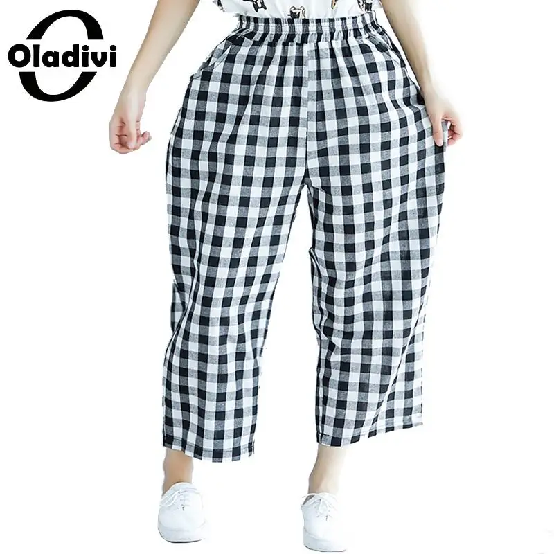 

Oladivi Brand Big Pants Fashion Women's Pants Plaid Carpi Trousers Plus Size Ladies Casual Pantalones Female Tracksuit Trousers