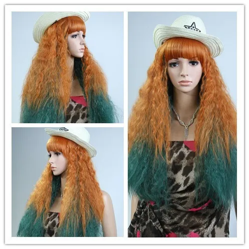 70cm Long Deep Curly Heat Resistant Brown Mixed Green Hair Cosplay Party Wig |
