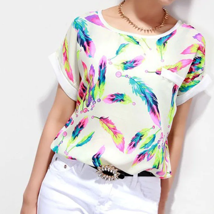 

JAYCOSIN Blouses & Shirts Women Feathers Chiffon Blouse camiseta mujer Top Short Sleeve Loose Ladies blusas femininas 2019 422