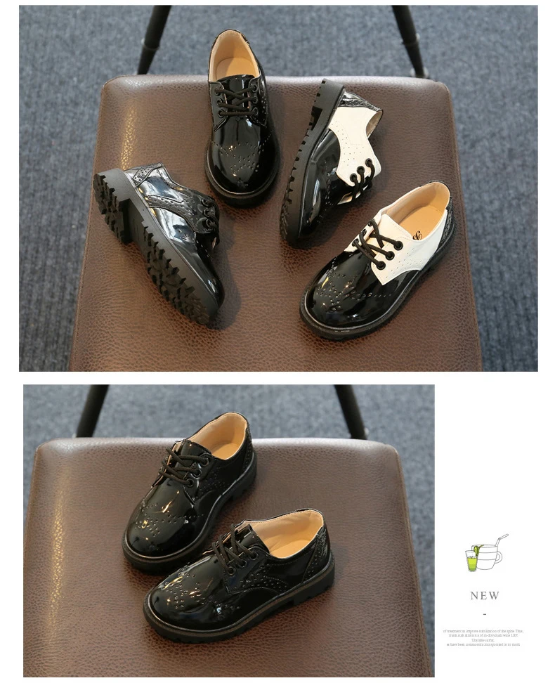 Qloblo детей Обувь Демисезонный Обувь для мальчиков Обувь черный и белый для маленьких девочек Лакированная кожа Оксфорд Обувь для младенцев