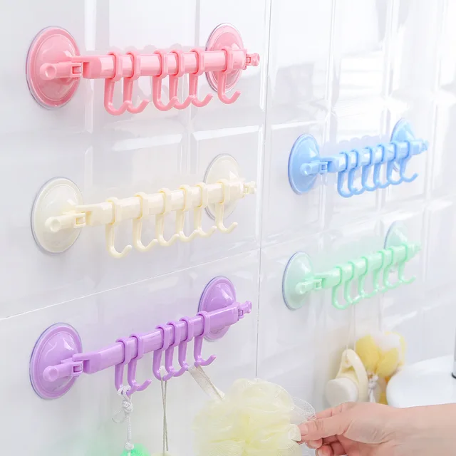 Plastic Bathroom Wall Shelf Sucker Hook Nail Locked with 6 Hooks for Kitchen Bathroom Accessories Wall Hook Products 5 colors