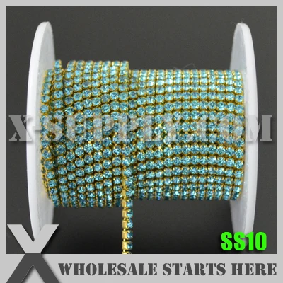 

Free Shipping SS10 Single Row DENSITY Rhinestone Cup Chain, Aquamarine Rhinestone in Gold Chain X11110