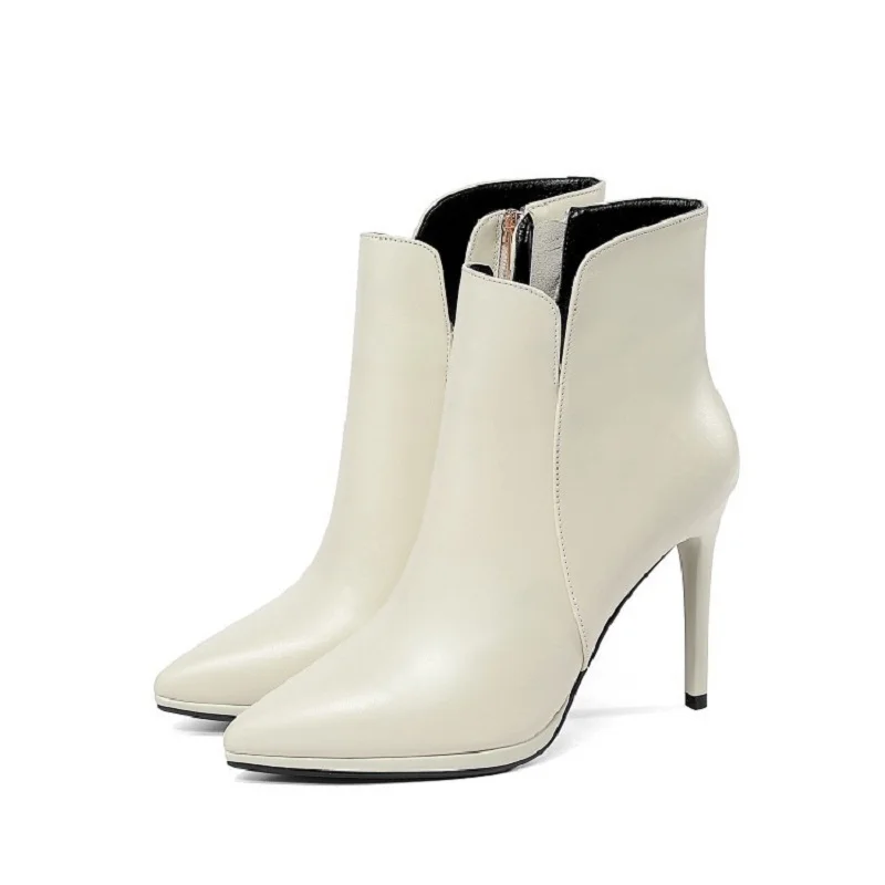 2018 autumn and winter new booties pointed women's shoes with high heel women's booties beige 0331