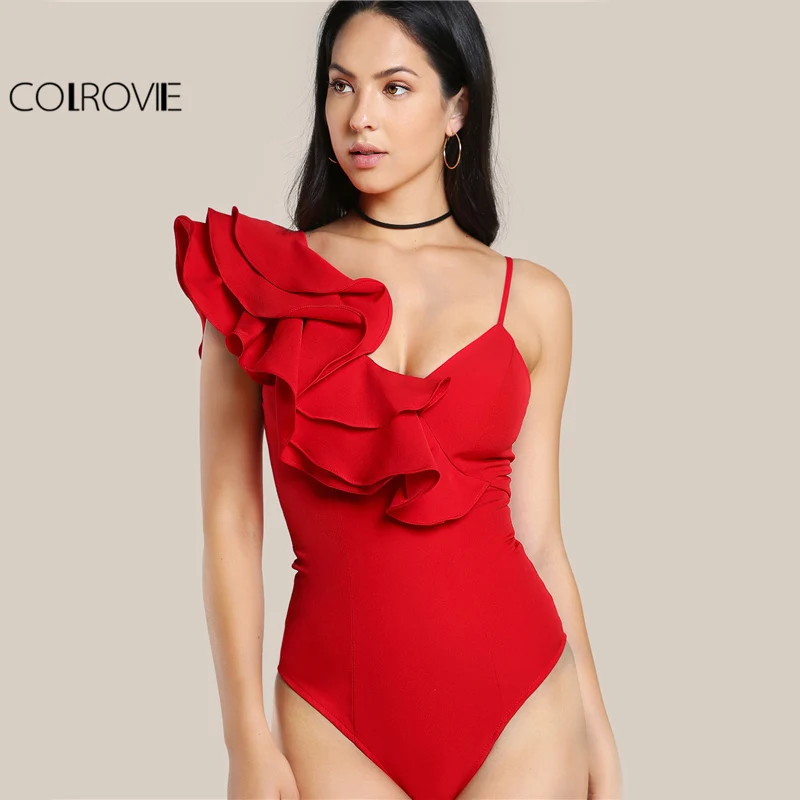 COLROVIE Ruffle One Shoulder Slip Bodysuit Layered Flounce Women Sexy Cute Red Bodysuits New Elegant Skinny Summer Bodysuit COLROVIE Ruffle One Shoulder Slip Bodysuit Layered Flounce Women Sexy Cute Red Bodysuits New Elegant Skinny Summer Bodysuit