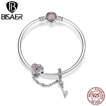 

BISAER 925 Sterling Silver Heart Lock and Key Safety Chain Charm Bracelets for Women Luxury Brand Fashion Jewelry GXB820