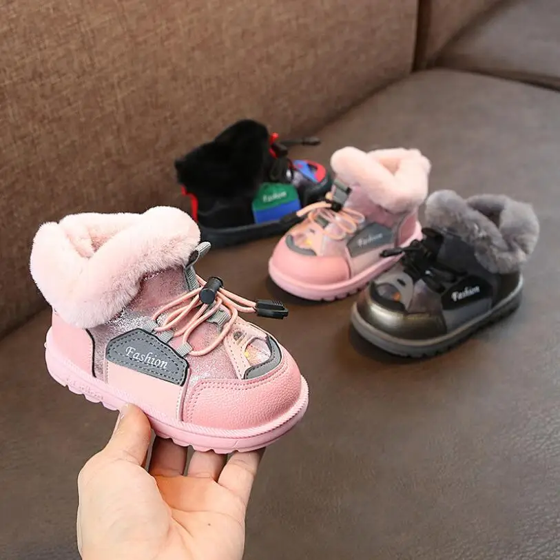 

2019 Winter Princess Girls Botas Artificial Leather Splicing Brand Children Snow Boots Soft Bottom Warm Cotton Kids Boots 1*Pair