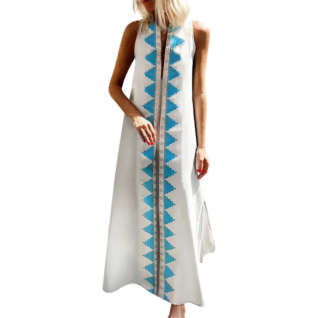Womens Printed Maxi Dress Sleeveless V-neck Maxi Dress Split Hem Baggy Kaftan dresses woman party night vestidos verano NEW 5.7